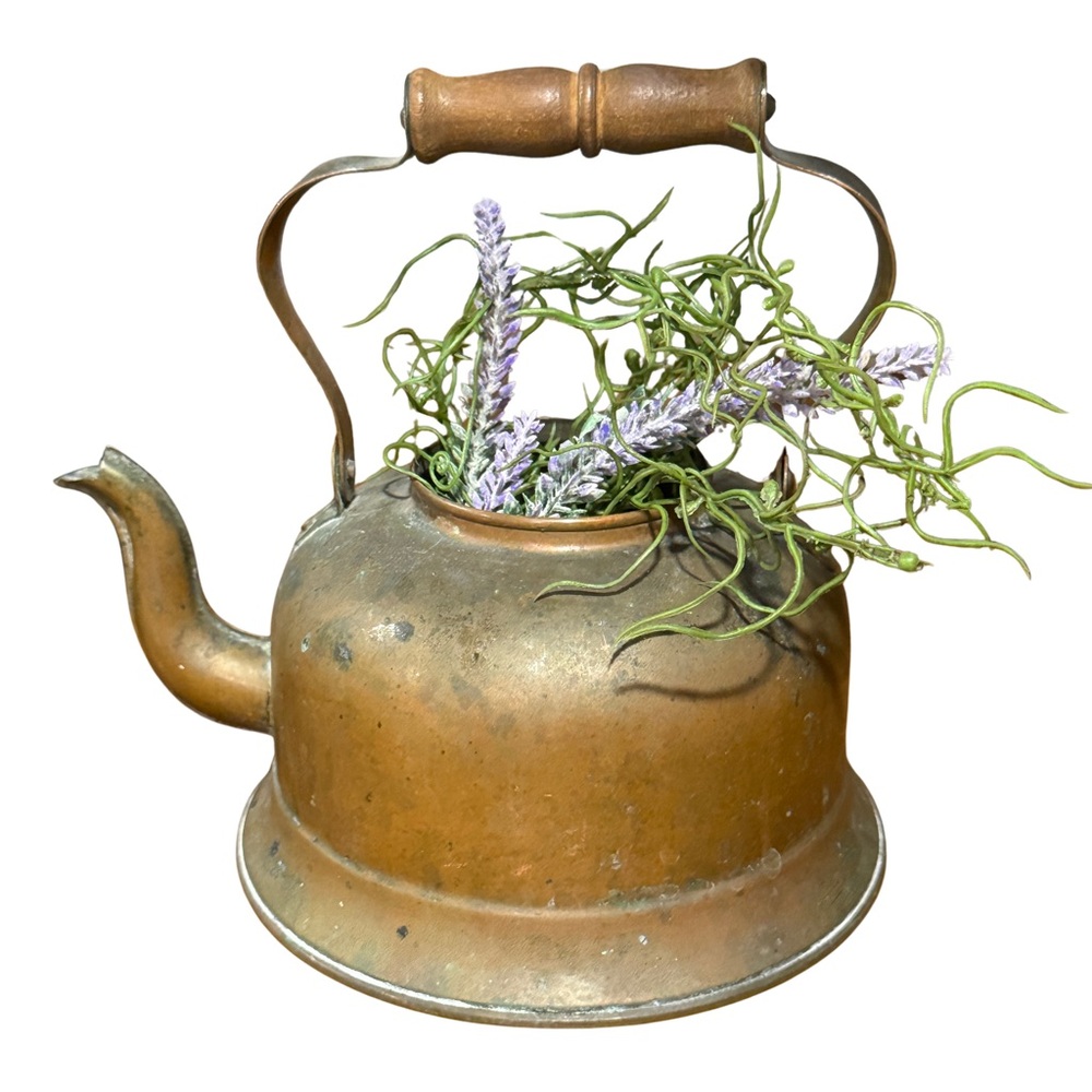 Antique-Style Copper Teapot Planter - Distressed Copper Finish
